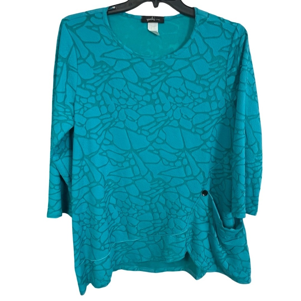 Yushi Teal Blue Burnout Textured 3/4 Sleeve Asymmetrical Hem Top Blouse Size L